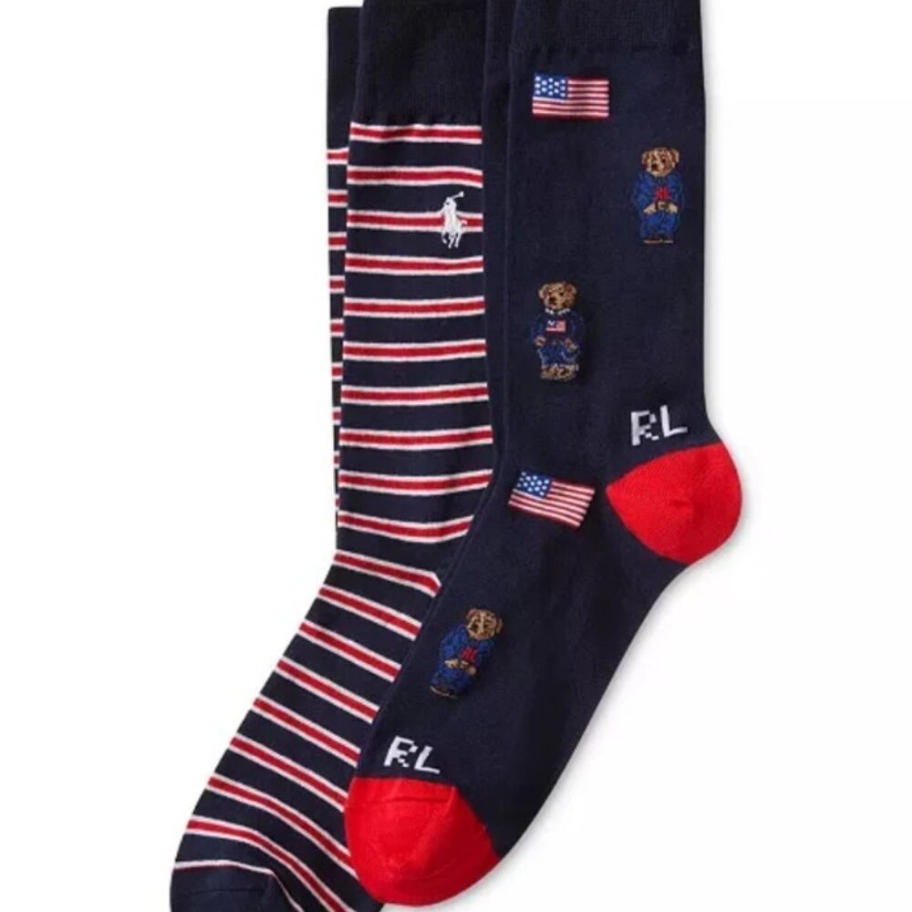 Polo Ralph Lauren Men's Flag Bear & Striped Socks 2 Pair Navy Blue Size 10-13